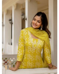 Anouk Floral Yoke Design Pure Cotton Straight Kurta With Patiala & Dupatta