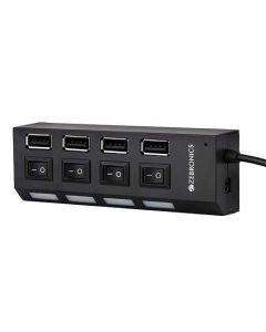 ZEBRONICS 150Hb 4 Port USB Hub with Dedicated On/Off Switch, Led Indicators, 45Cm Cable Length, Optional Power Input Port, Multi Device and Plug Play Usage